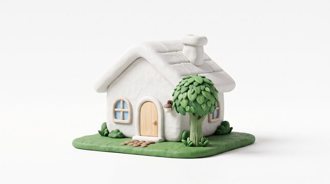 Small clay house model with green tree on white background