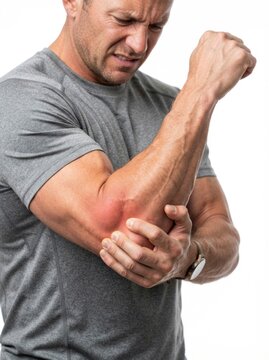 Mid-Adult Man Suffering from Elbow Pain, Tennis Elbow or Tendonitis Concept