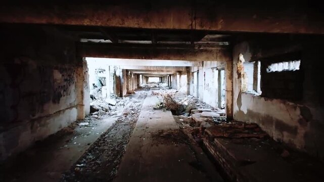 A quadcopter flies through the abandoned building of an old factory.