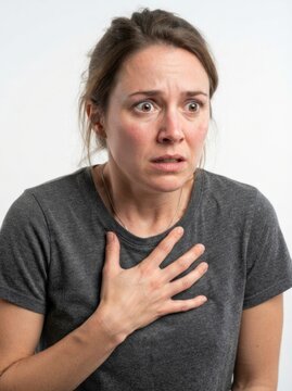 Shocked and Frightened Woman with Hand on Chest Looking Away in Fear against White Background