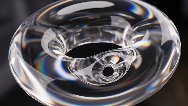 A clear glass torus with intricate internal geometric patterns and light refraction.