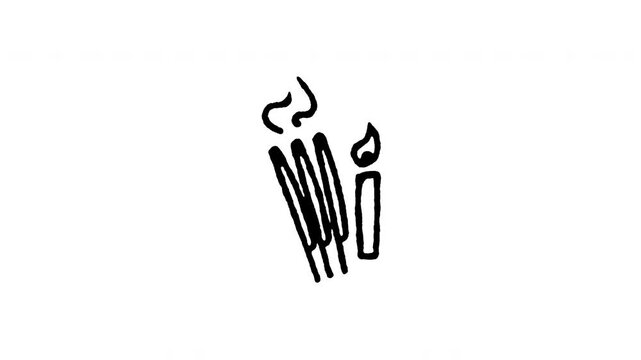 Animated doodle icon of burning incense joss sticks and candle for prayer ritual.