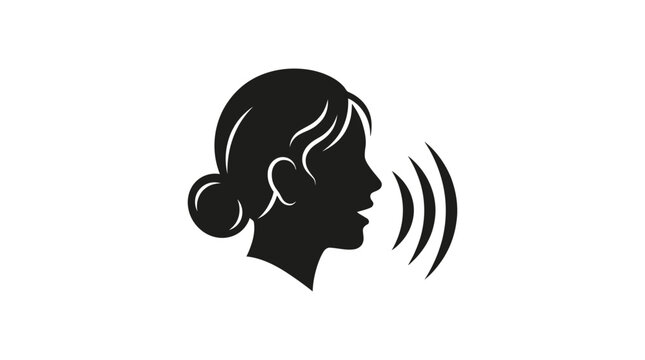 Silhouette profile of a woman speaking with sound waves emanating from her open mouth in this minimalist flat vector design