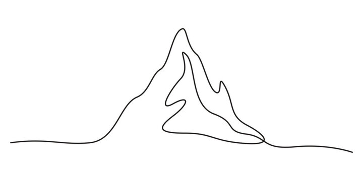 Continuous single line drawing of mountain peak with flowing baseline Minimalist one line art landscape vector illustration