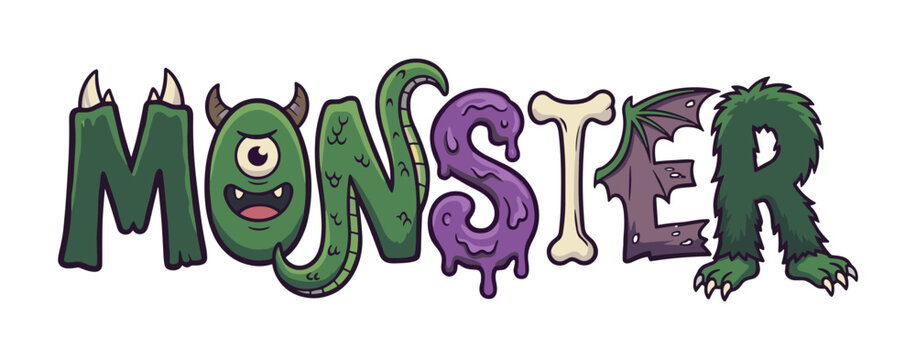 Font style showing a monster theme with green and purple creatures for playful horror.