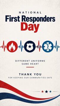 National first responders day graphic with icons and heartbeat line representing unity and public