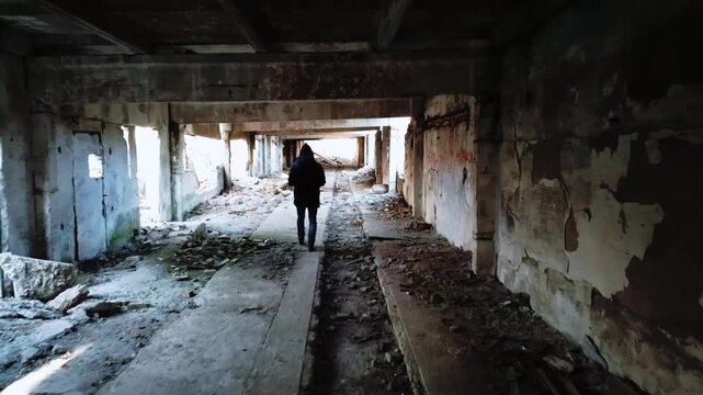A quadcopter flies through the abandoned building of an old factory.