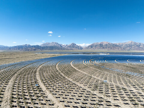panoramic view of tower solar thermal power station in desert