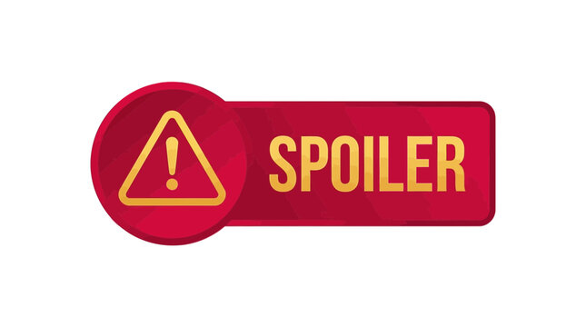 Bold spoiler alert sign featuring a yellow triangle exclamation icon on a textured red rectangular background digital vector graphic illustration