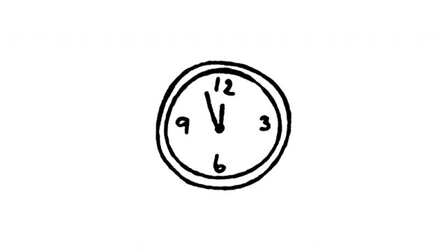 Animated doodle icon of a wall clock ticking close to midnight for new year countdown.