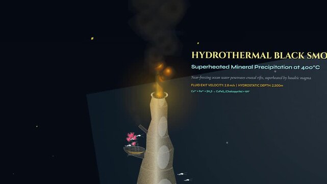 Educational animation of a deep sea hydrothermal vent black smoker explaining oceanic crust percolation, magmatic heat engine, polymetallic sulfide spire and chemosynthetic ecosystem
