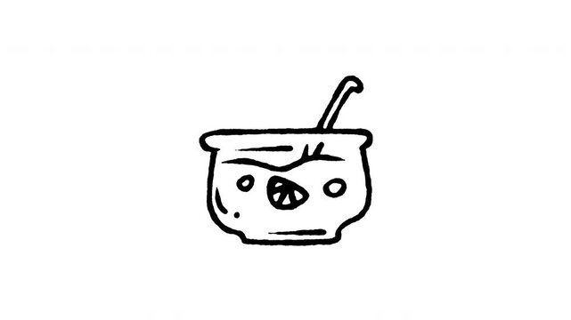 Animated doodle icon of a party punch bowl filled with fruity drink beverage and ladle.