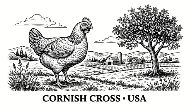 Very beautiful black and white vector illustration of one Cornish Cross chicken standing on American farm grass with one orchard tree, Label: "CORNISH CROSS &bull; USA", and natural rural scenery, no gradi