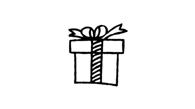 Animated doodle icon of a wrapped gift box present with a ribbon bow for holiday surprise.
