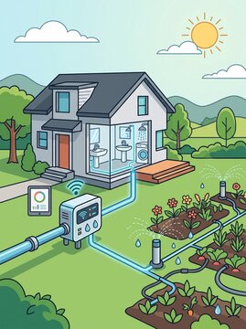 Flat vector infographic diagram showing residential greywater recycling from household sink and shower to smart garden irrigation system.