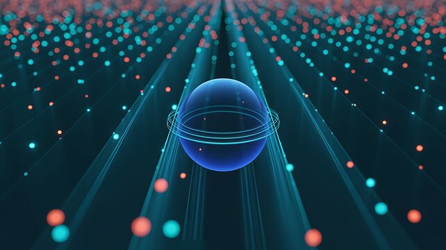 Abstract glowing sphere with orbiting rings on a digital data stream during a futuristic network concept