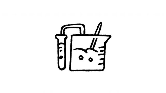 Animated doodle icon of a glass beaker mixing chemical solution for laboratory experiment.