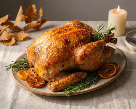 Roasted turkey centerpiece with rosemary and citrus on rustic autumn table