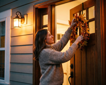 Attentive woman hanging autumn leaf wreath on rustic front door at dusk