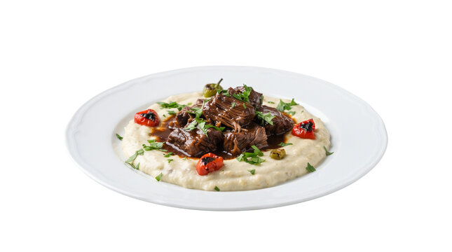 Slow cooked beef stew over creamy mashed potatoes, braised beef chunks with rich gravy on white plate, gourmet meat dish with herbs and vegetables