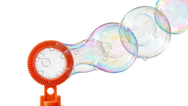 Orange bubble wand creating iridescent soap bubbles, isolated on transparent background