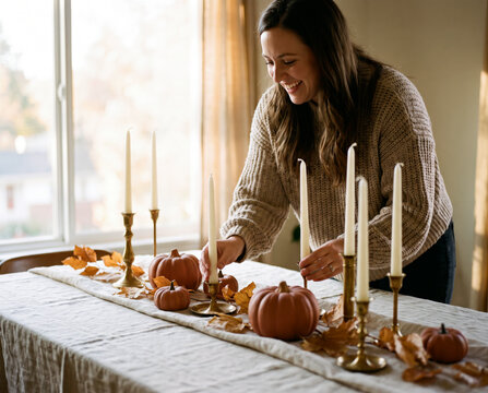 Focused woman lighting taper candles among pumpkins on autumn dinner table
