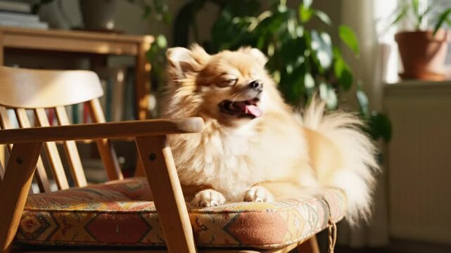 Happy pomeranian dog relaxing on a vintage chair in a sunlit room, panting with its tongue out, enjoying a tranquil moment