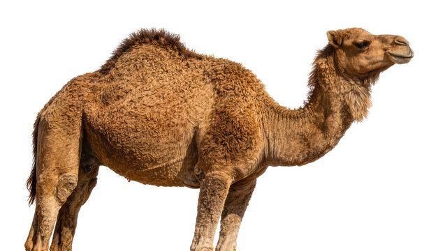 Dromedary camel with shaggy brown fur, isolated on transparent background