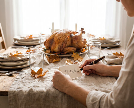Skilled woman handwriting elegant place card for thanksgiving table setting