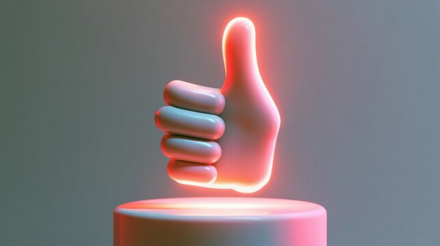 A glowing thumbs up rises over a generic product emphasizing positive feedback in a bright setting with soft light and no distractions.