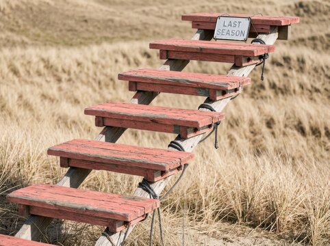 Weathered wooden steps in dry grass with last season sign