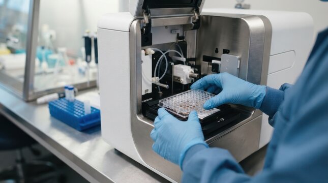 Gloved hands loading a sample plate into a flow cytometer in a sterile laboratory