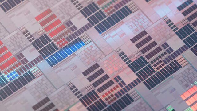 wafer silicon monocrystalline  with microchips after photolithography etching manufacturing reflecting different colors used in fabrication of electronic integrated circuits.