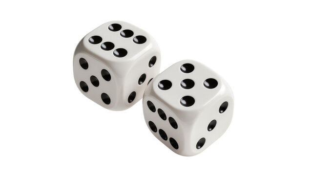Two white dice with black dots, isolated on transparent background