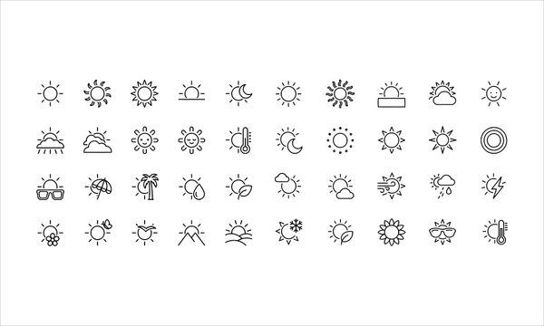Set outline icons related to sun. Linear icon collection. Editable stroke. Vector illustration