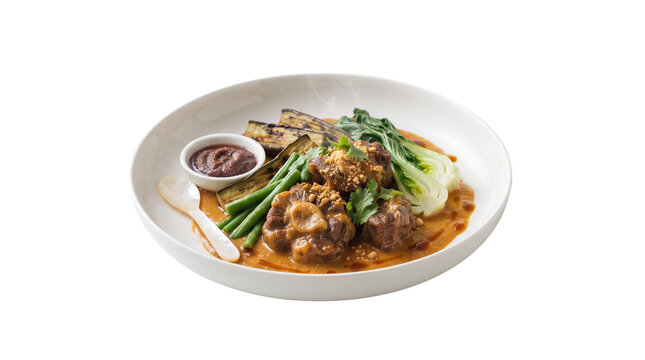 Traditional Filipino Kare-Kare with oxtail and peanut sauce, savory beef stew with bok choy and eggplant, authentic Asian cuisine on white background