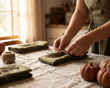 Attentive hands tying twine around folded napkins with mini autumn pumpkins