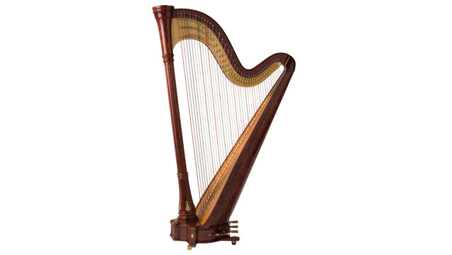 Polished mahogany concert harp with golden accents, isolated on transparent background