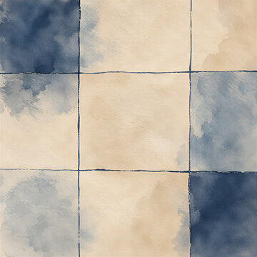 Vintage watercolor ceramic tiles pattern, rustic blue and beige checkered tile background, hand-painted aesthetic floor texture for interior design