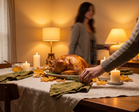 Attentive hand placing rosemary sprig beside roasted turkey on platter