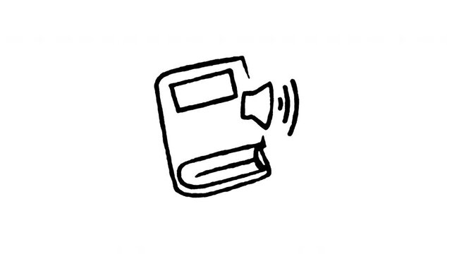 Animated doodle icon of a book playing sound through a speaker for audio learning.
