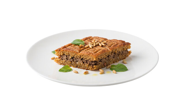Traditional Lebanese kibbeh bil sanieh, baked minced meat and bulgur wheat pie on white plate, middle eastern cuisine with pine nuts and mint