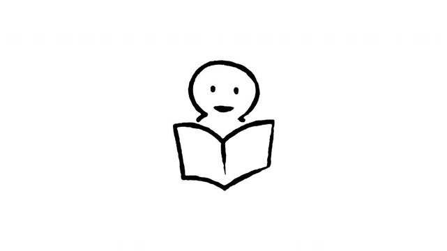 Animated doodle icon of a happy student holding and reading a textbook for study.