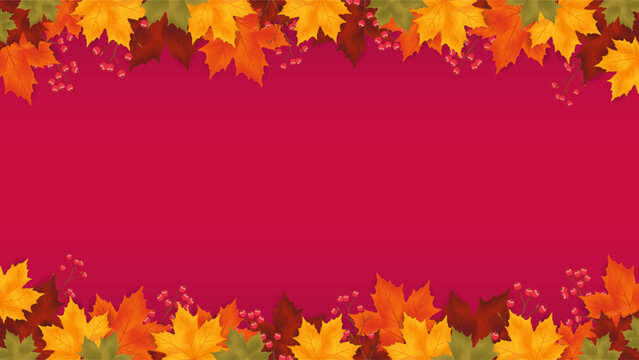 Autumn maple leaf border with red berries framing a vibrant red gradient background, seasonal fall foliage with spacious copy space for Thanksgiving, harvest sale, holiday promotion, banner, flyer
