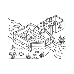 Fototapeta premium Isometric line art illustration of a river waste collection system for plastic recycling