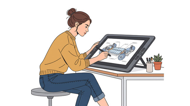Female engineer designing electric car chassis on interactive digital pen display tablet at office desk vector illustration