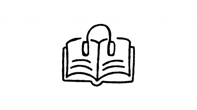 Animated doodle icon of headphones placed over an open book for audiobook listening.