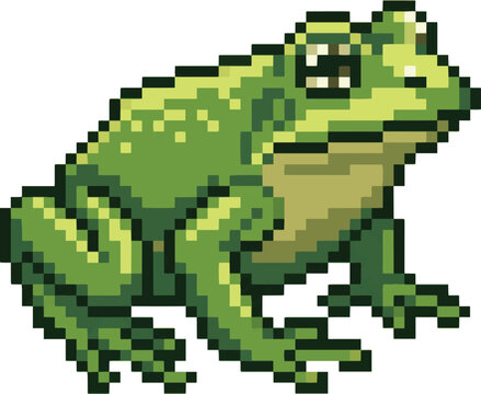 Pixel art illustration of a green frog in a retro video game style.