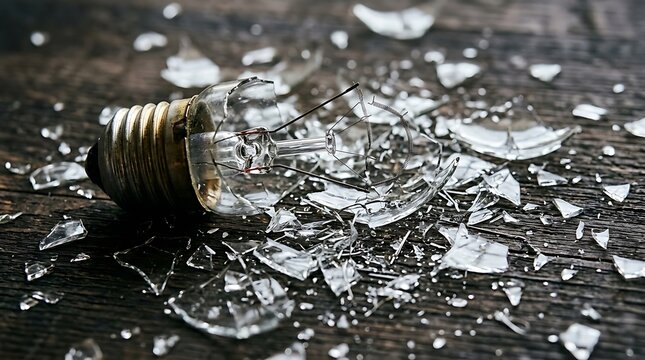 A broken light bulb with glass shards scattered on a dark wooden surface representing a dark mood or failed idea