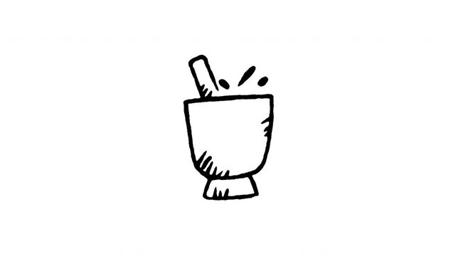 Animated doodle icon of a mortar and pestle mixing Som Tum spicy papaya salad food.